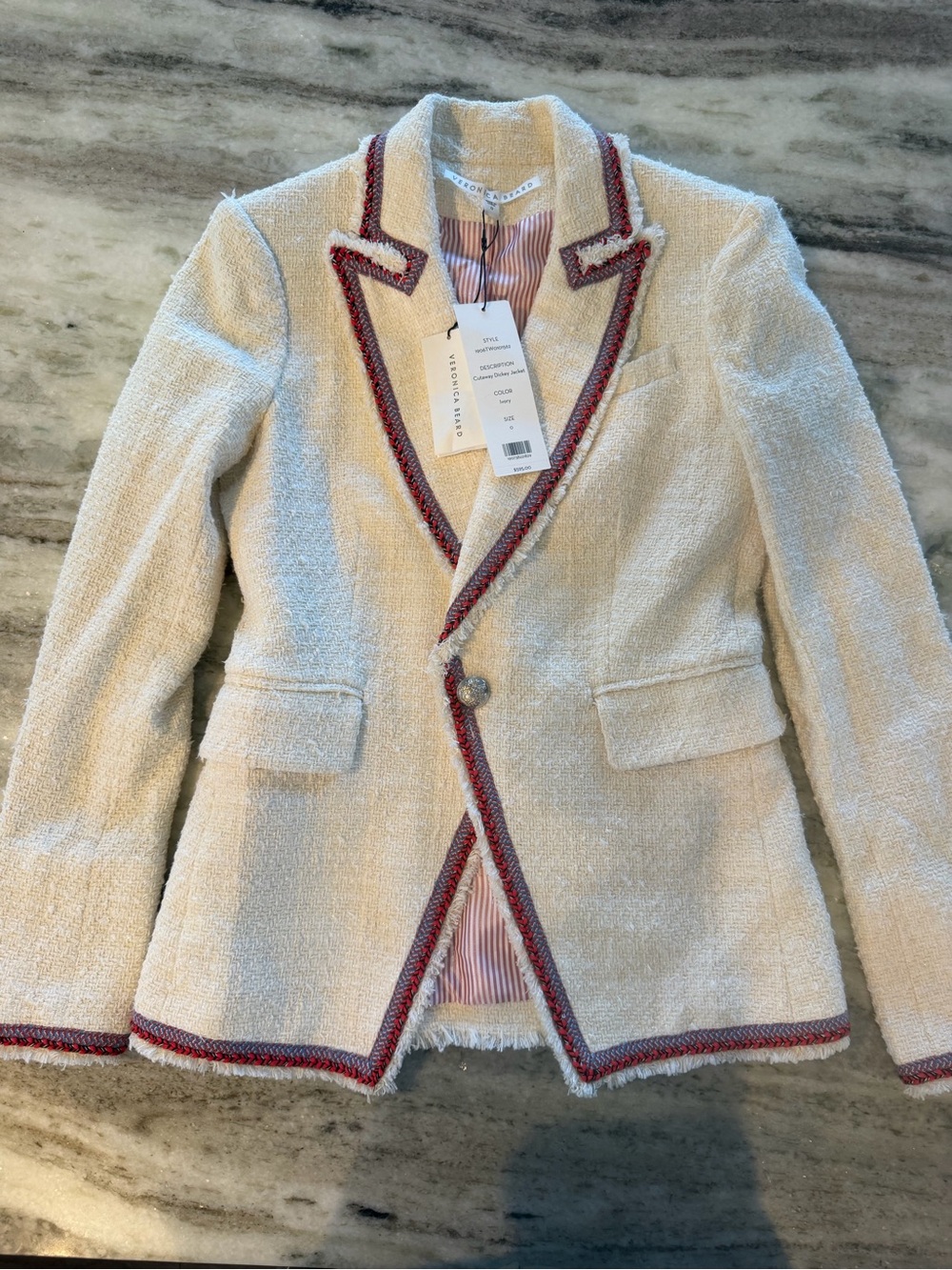 Veronica Beard Cream Bouclé Blazer with Red Trim